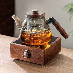 家用胡桃木煮茶器蒸煮一体玻璃茶壶围炉煮茶电热炉 电陶炉煮茶套装