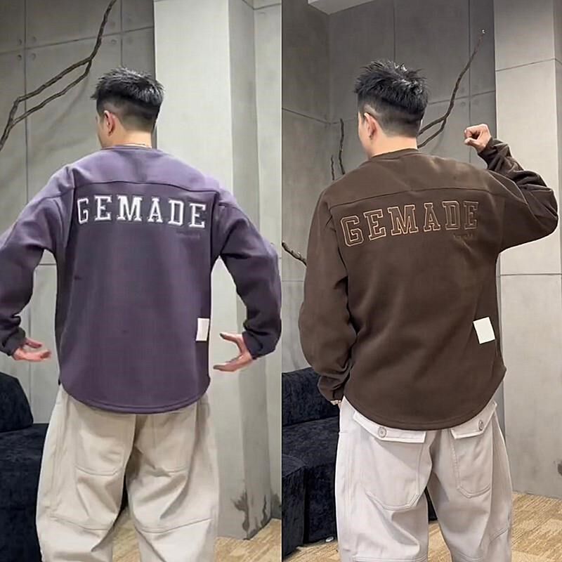 秋冬加绒加厚刺绣字母圆领卫衣男潮流百搭宽松纯色休闲上衣打底衫