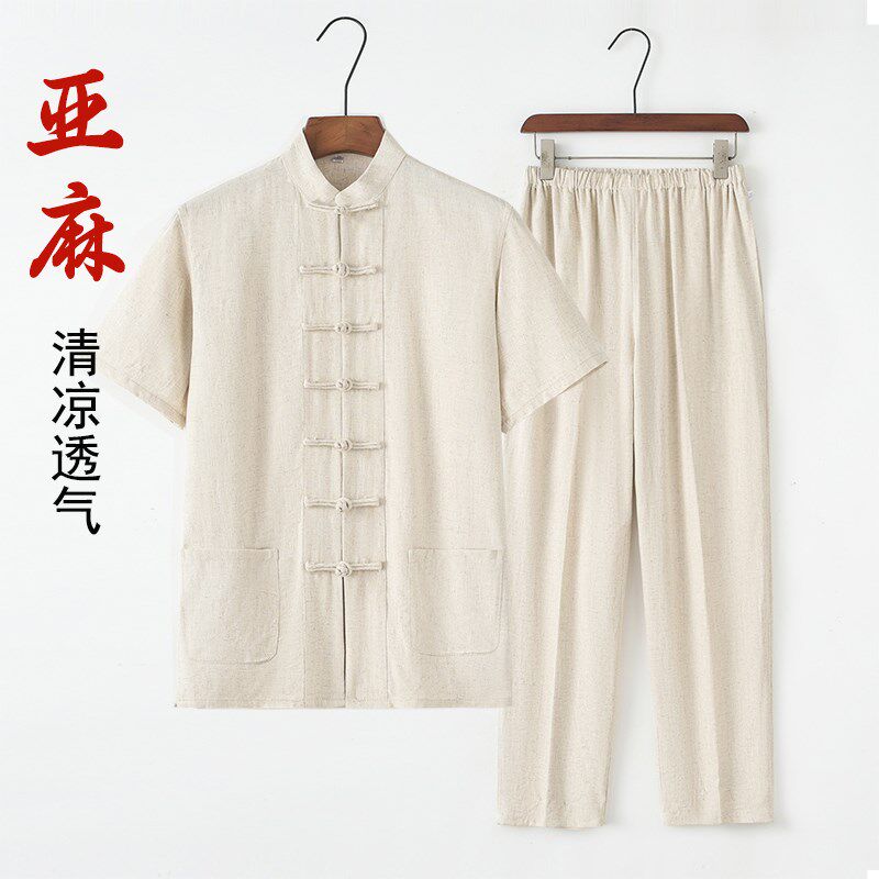 中国风唐装男短袖套装夏季薄款男装中式复古盘扣亚麻半袖禅修汉服