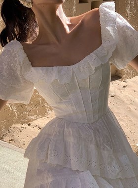 小丽皎皎白蝶A字方领泡泡短袖连衣裙春夏小个子蓬蓬公主裙