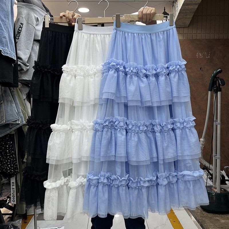 韩版甜美木耳边网纱蛋糕半身裙森系减龄层叠荷叶边蓬蓬长裙仙女裙