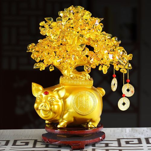 黄水晶招财摇钱树电视柜客厅酒柜金猪摆件家居装S饰办公室桌面摆