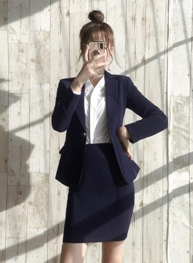 工作服女职e业气质套装蓝色西服外套2024新款秋冬面试商务正装职