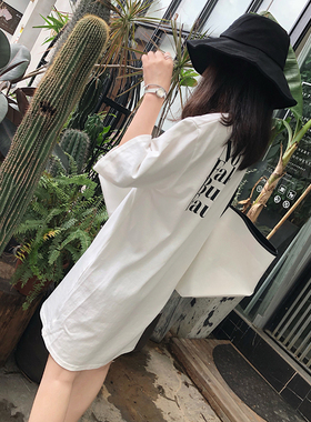 白色短袖女夏中长款宽松纯棉t恤裙连衣裙过膝遮屁股半袖五分袖潮