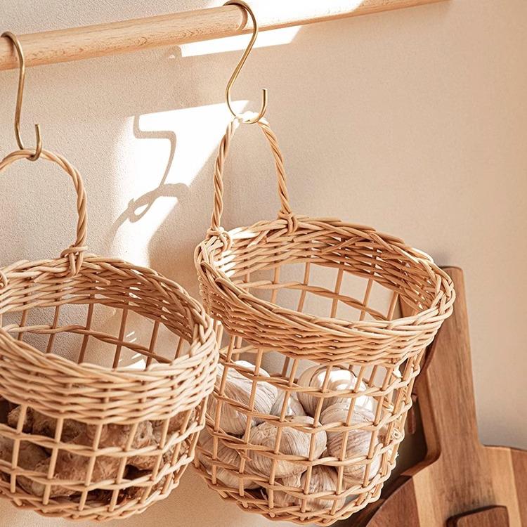田园风藤编姜蒜收纳篮杂物蓝收纳筐储物家用厨房挂式生姜大蒜挂篮