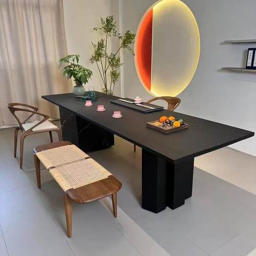 新中式岩板茶桌2025新款高端北美黑胡桃木客厅家用办公实木泡茶台