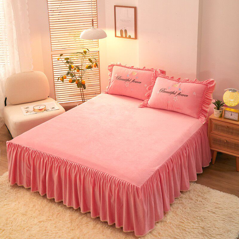 网红冬季水晶绒四件套公主风加厚双面绒珊瑚绒法兰绒床裙少女被套