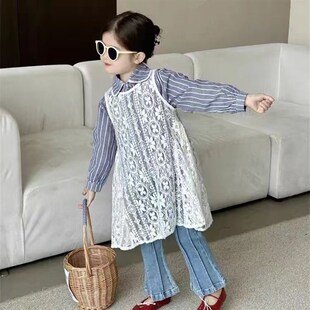 女童套装春秋款儿童洋气衬衫女宝森系蕾丝背心连衣裙牛仔裤三件套