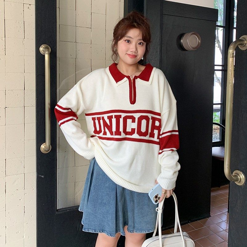 YUZI鱼子Polo领毛衣大码女装微胖mm妹内搭上衣美式学院套头针织衫