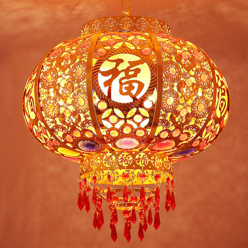 七彩过年灯笼吊灯LED大门阳台灯笼旋转大红结婚电动发光灯笼挂饰