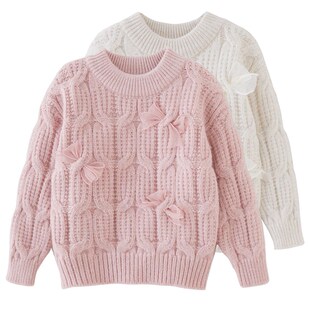 毛衣女童冬季婴儿宝宝加厚粉色手工编织套头蝴蝶结儿童打底针织衫