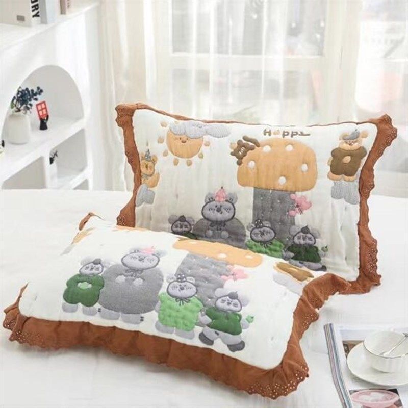 【超柔软】纯棉纱布中号枕巾40x60泡芙花边云朵卡通儿童小学生