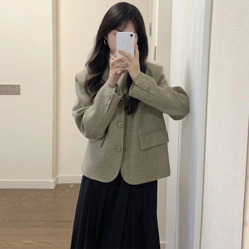 高级感灰绿色西装外套女春秋季新款小个子宽松休闲气质小西服