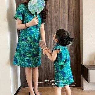 旗袍儿童中国风中小童妈妈母女连衣裙碎花 女童绿色短袖 新款 亲子装