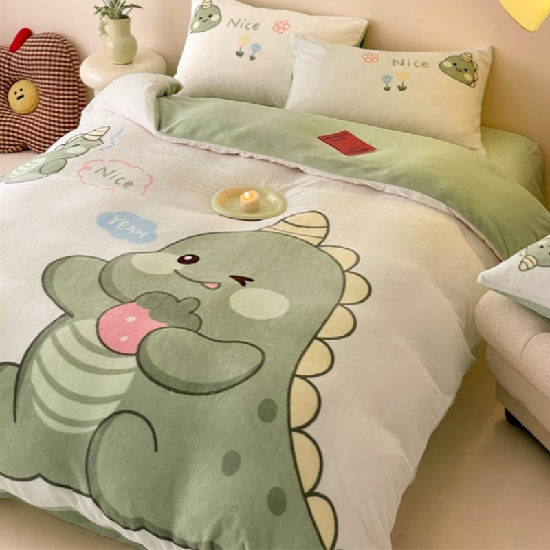 小恐龙卡通四件双面珊瑚绒冬季加厚被床单毛绒儿童男孩