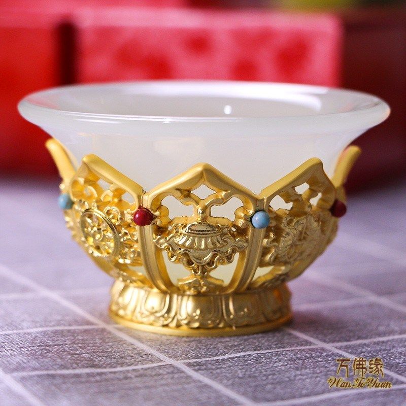 八吉祥莲供水碗玉石水晶碗翡翠绿色玉瓷供水杯加厚琉璃镂空,家居饰品,装饰碗,淘宝优惠券,粉丝福利购,淘宝优惠卷