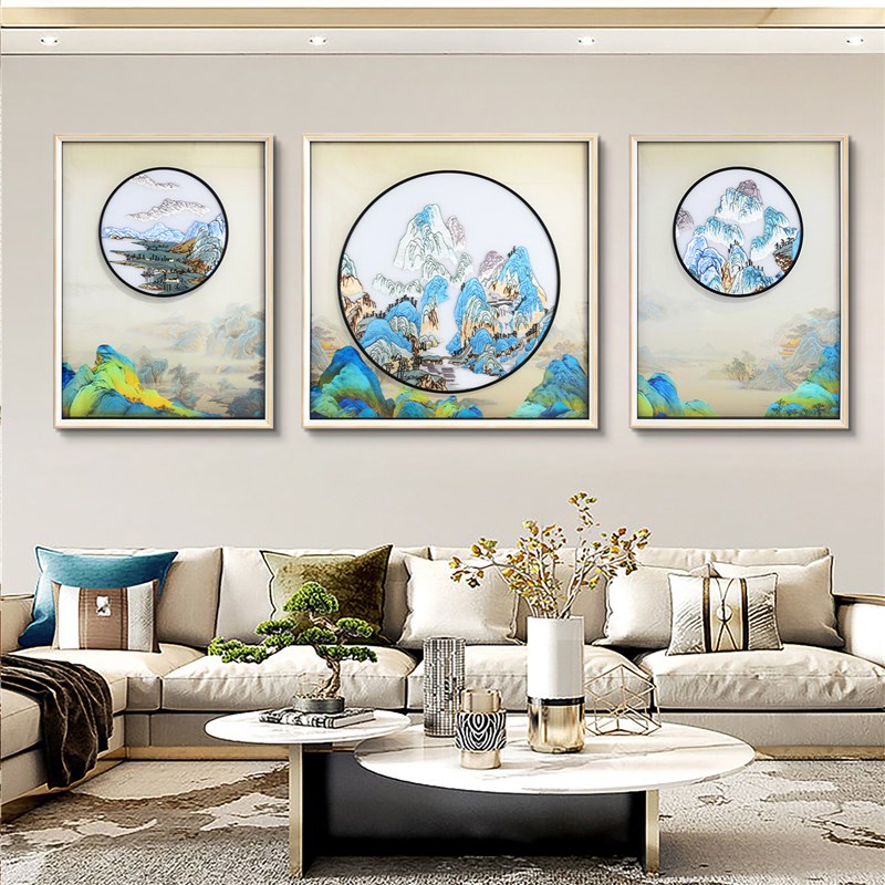 现代轻奢千里江山图刺绣挂画客厅沙发背I景墙装饰画高级感苏绣工图片