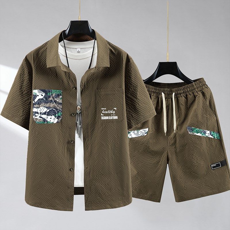 大码衬衣短袖套装男夏季新款帅气潮流宽松衬衫加肥加大短裤两件套,男装,休闲运动套装,淘宝优惠券,粉丝福利购,淘宝优惠卷
