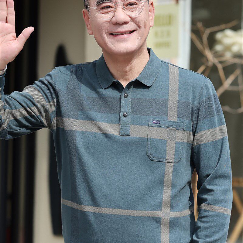 爸爸春装上衣长袖丝光棉格纹美式复古t恤老头衫60-70岁老年人男装