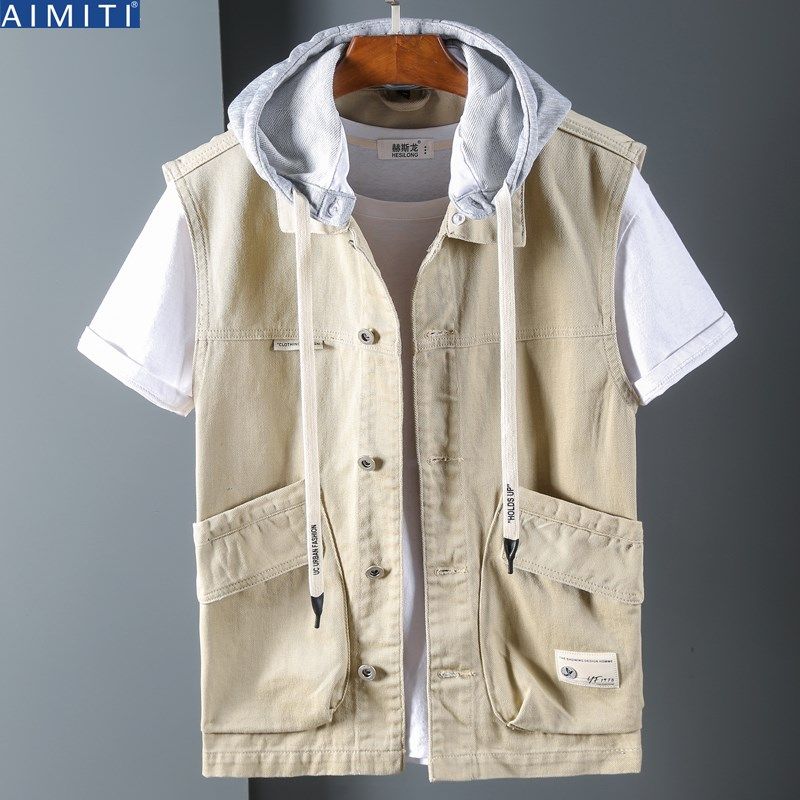 连帽纯棉牛仔马甲男生潮宽松无袖外套春秋大口袋可拆卸帽工装褂子,男装,常规马甲,淘宝优惠券,粉丝福利购,淘宝优惠卷