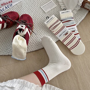 秋季 小清新简约风千金感学院风韩系白红色系堆堆袜中筒袜女 新品