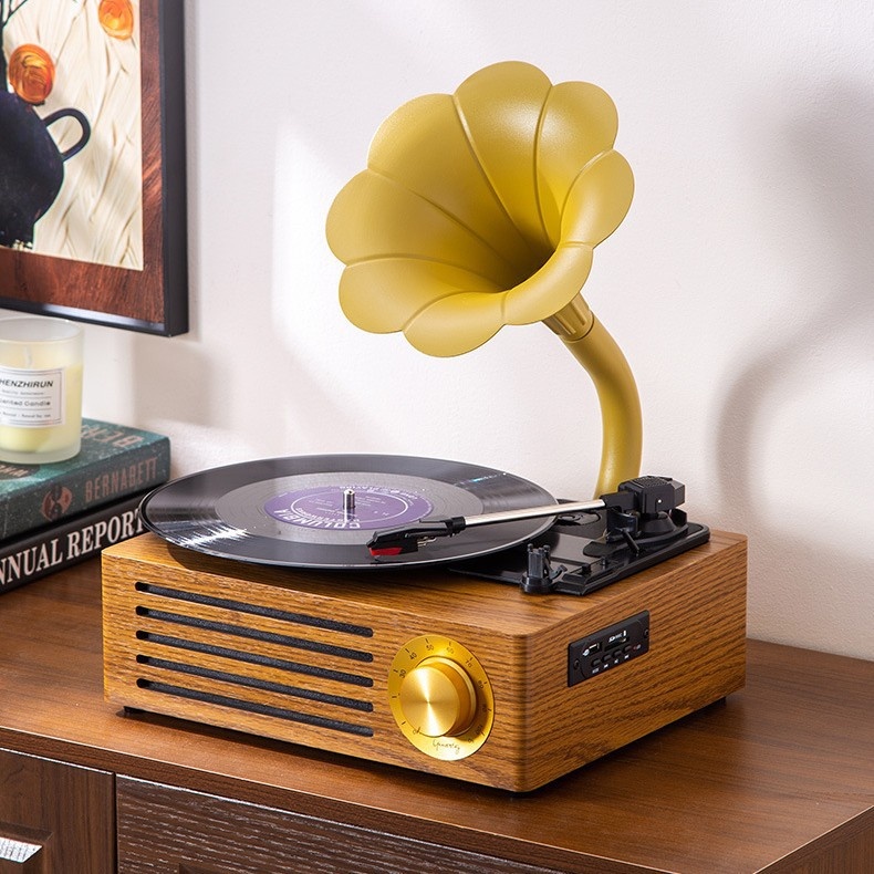 现货黑胶唱片机刻录SD卡电唱机客厅摆件大喇叭留声机跨境蓝牙连接