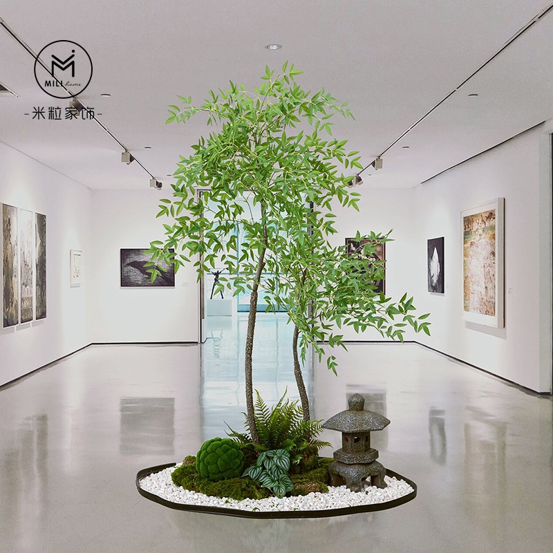 大型仿生绿植造景仿真南天竹室内植物景观诧寂风玄关楼梯装饰假树