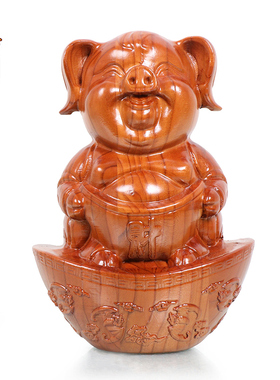 桃木十二生肖猪招财实木雕刻工艺品创意客厅办公室车载装饰品