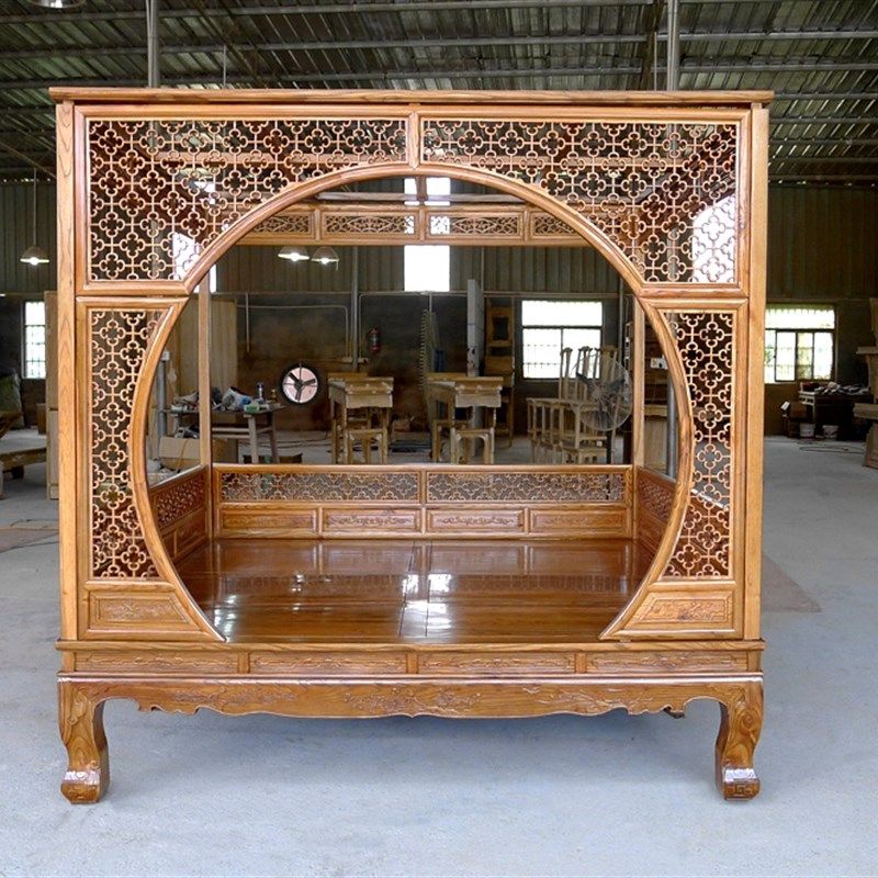 老榆木中式单月洞架子床明复四柱仿古代床实木雕红梨踏步床