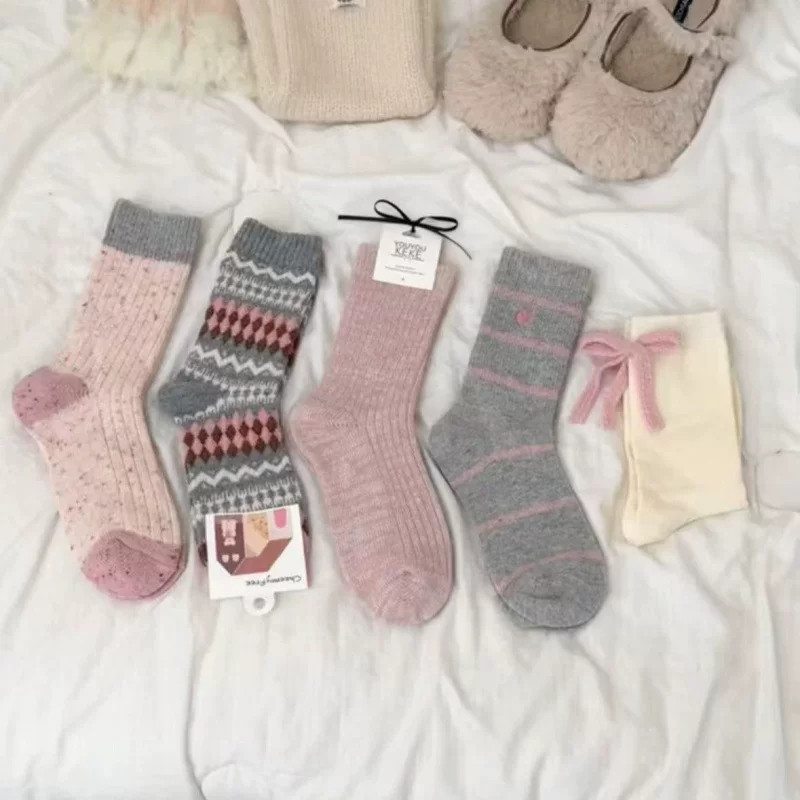 粉色系列暖秋袜子女中筒袜森系氛围感少女jk蝴蝶结百搭校园堆堆袜