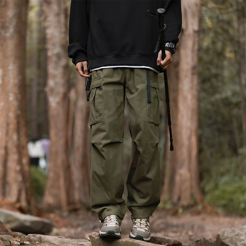 美式机能工装裤男款阔腿裤宽松直筒纯棉大码大口袋纯色休闲长裤子