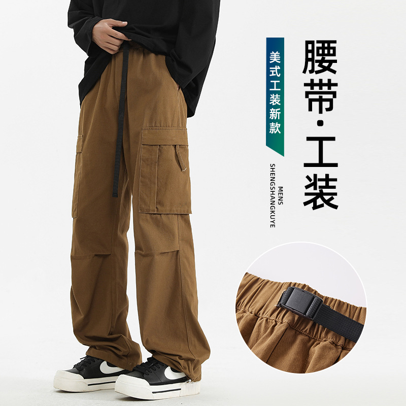 美式工装风腰带设计阔腿裤男直筒多口袋休闲长裤复古工装伞兵裤男