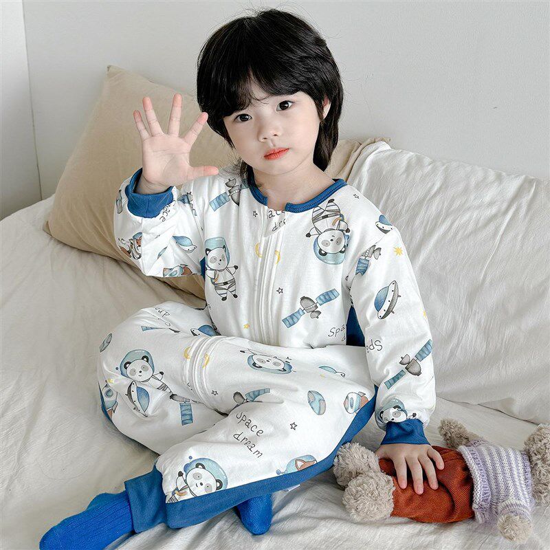 宝宝纯棉睡袋秋冬款男童冬季加厚防踢被神器女童连体睡衣春秋夹棉