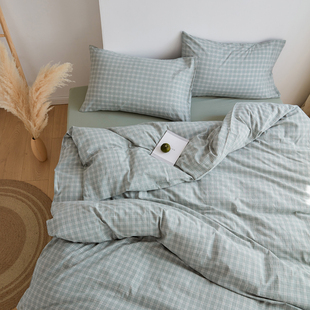 妙轩复古格子纯棉四件套全棉床上用品被套床单床笠学生三件套定做