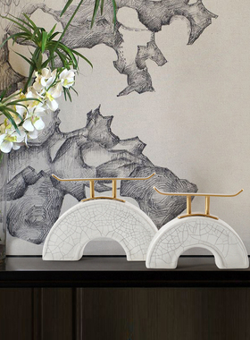 新中式冰裂陶瓷拱桥摆件家居客厅酒柜样板房白色艺术品装饰品摆设