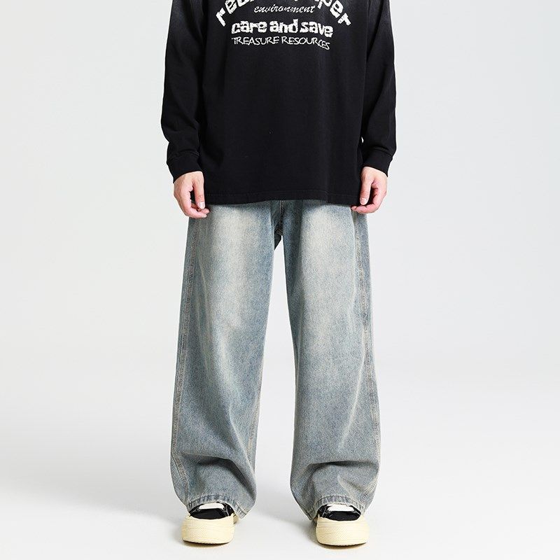 怕生的鹿 美式休闲复古蓝水洗直筒牛仔裤男小众宽松垂感阔腿长裤