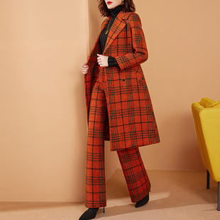 美妃雅羊毛呢格子大衣套装女2021新款秋冬季外套加厚阔腿裤两件套