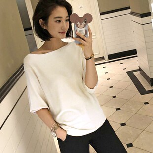 春秋一字领七分袖上衣女中袖针织衫薄款宽松露肩打底衫蝙蝠袖毛衣