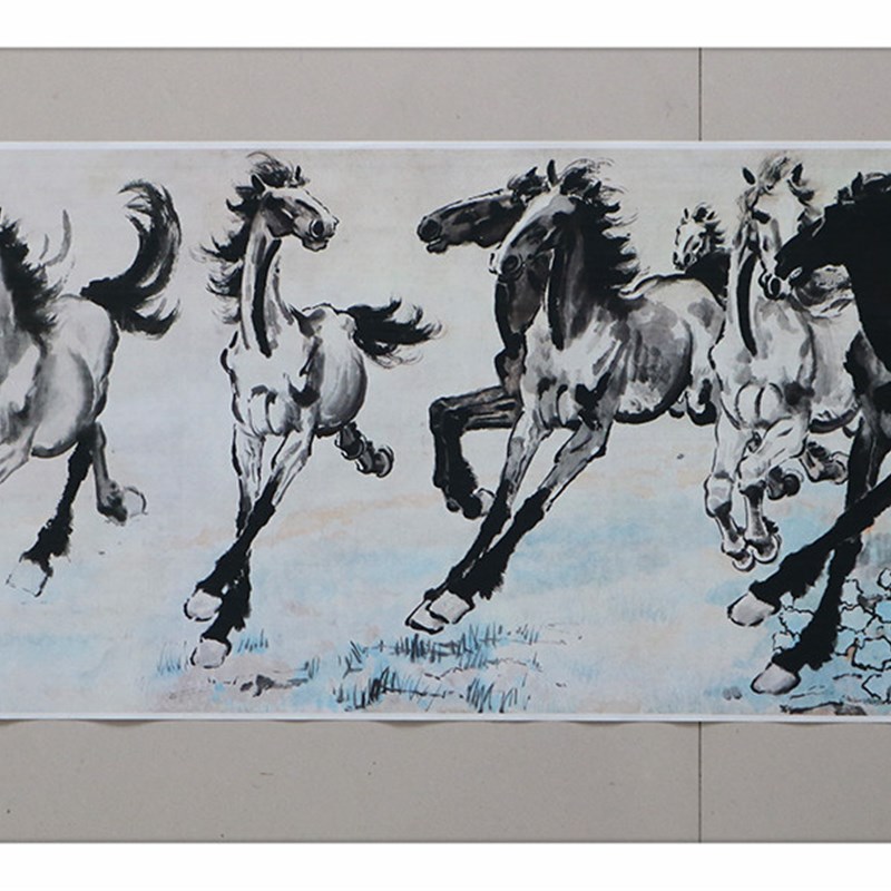 1:1徐悲鸿《八骏图》国画马动物写意画宣纸高清微喷复制装饰画