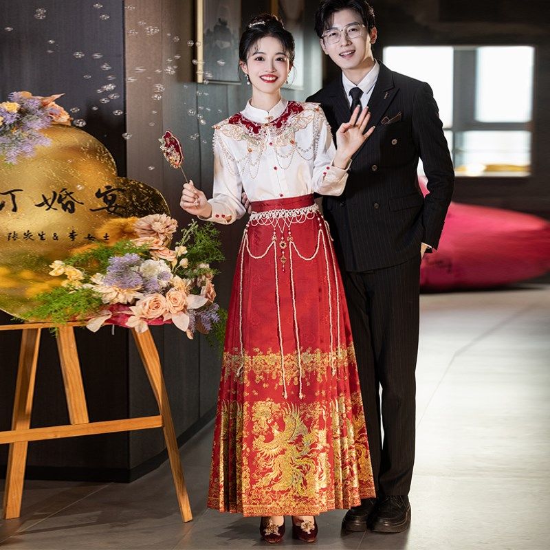 汉服女新中式马面裙套装敬酒服新娘红色小个子结婚订婚礼服裙春夏