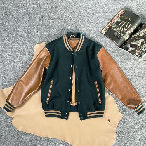订单剩余!美式复古油蜡牛皮拼接羊毛呢外套宽松棒球服重磅皮衣男