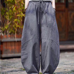 潮牌阔腿休闲裤 中国风亚麻弯刀裤 夏季 棉麻束脚灯笼裤 男加肥加大码
