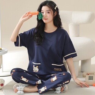 纯棉可爱卡通家居服套装 睡衣女夏季 夏天可外穿 长裤 短袖 特大码 新款