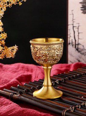 复古金色浮雕龙凤高脚杯酒宴拍戏装饰铜酒杯小酒盅佛前供奉供水杯