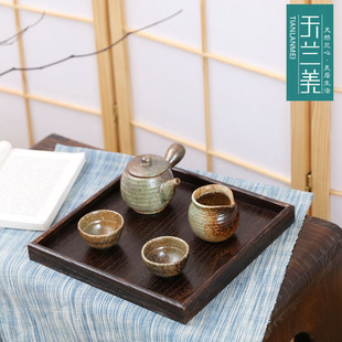日式 简约实木复古茶水糖果盘 烧桐木家用茶盘 大号正方形茶具托盘