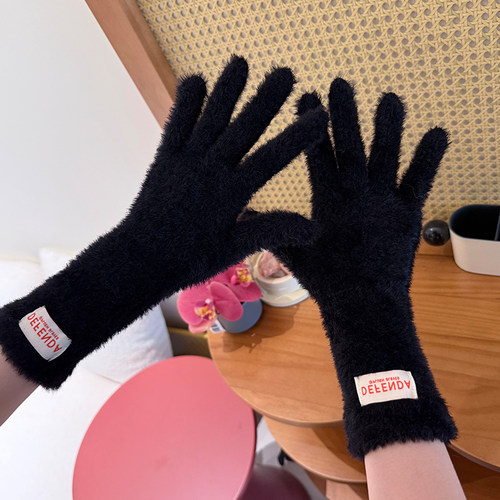 德芬妲毛绒手套女2025冬季新款分指露指可触屏骑行保暖防寒手套男