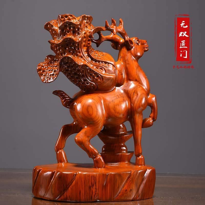 梨木雕鹿一路发公司业工艺礼品白菜招财玄关博古架装饰品