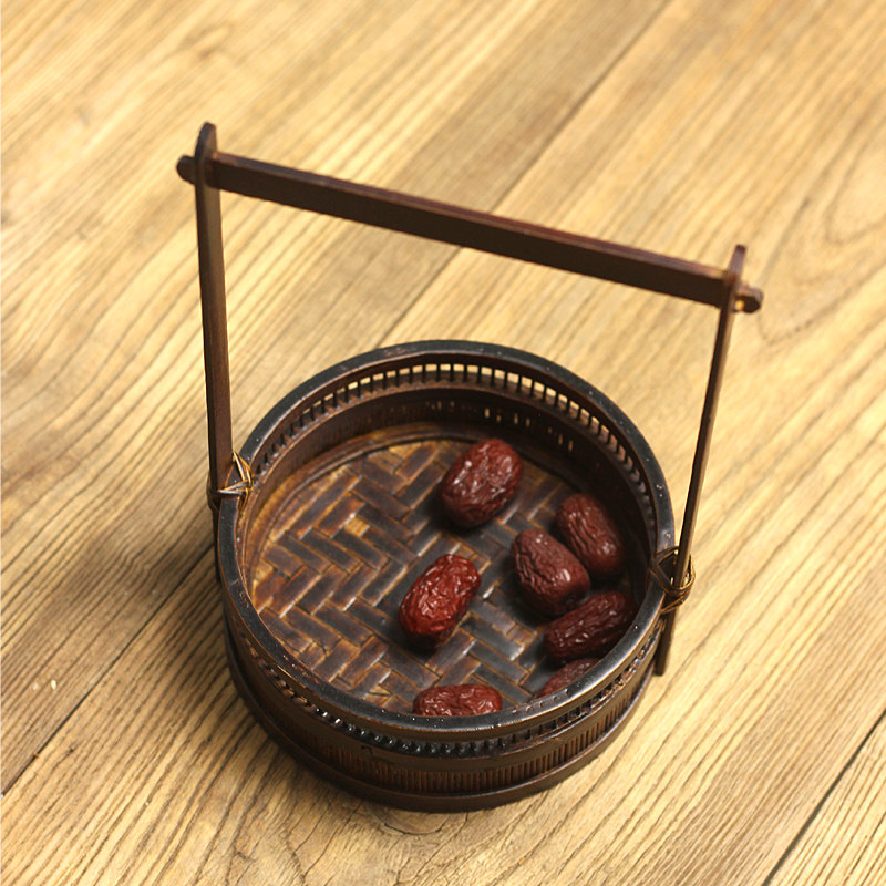 特色复古竹编提篮仿古做旧茶点篮竹工艺品篮吊篮手工艺品