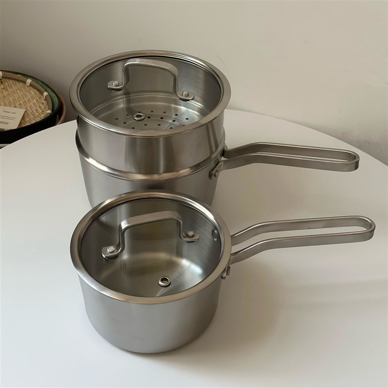 无涂层304不锈钢奶锅加厚线条款蒸锅宝宝辅食锅泡面锅蒸煮一体