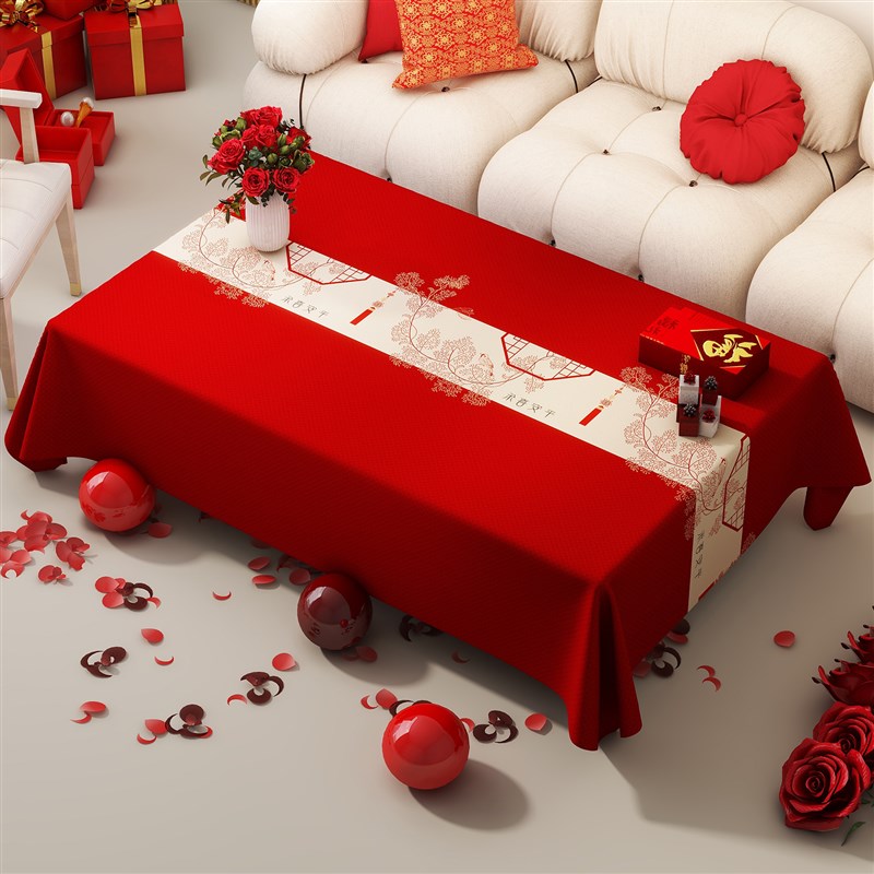 结婚喜庆桌布防水防油免洗餐桌茶几布客厅红色订婚台布周岁长方形